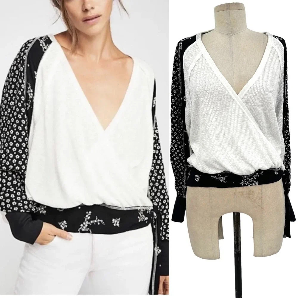 Free People Auxton Long Sleeve Thermal Wrap Top Ivory Black Size Small
